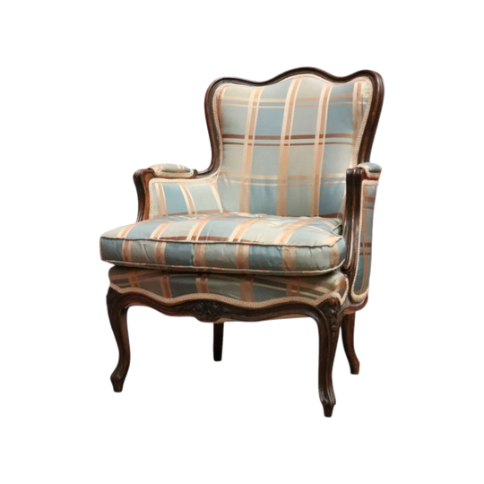 Antique English Mahogany Armchair, c. 1870 – Blue, Teal and Gold Silk, Down-Filled Cushion