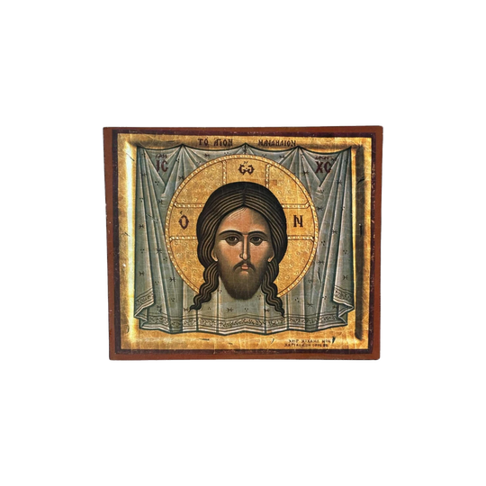 Vintage Greek Orthodox Timber Icon – 'Christ, The Holy Napkin'