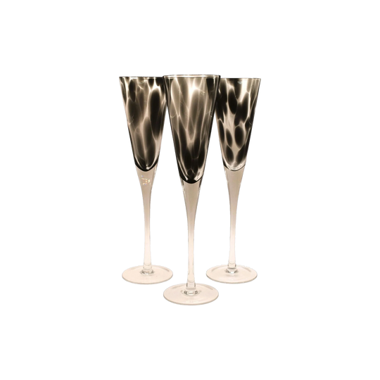 Tall stemmed trumpet styled Champagne Flutes with Black mottled glass. Set of 3