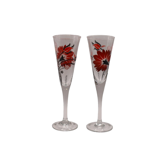 Retro Artiefartie Champagne Flutes. Red and Black Flowers. Set of two