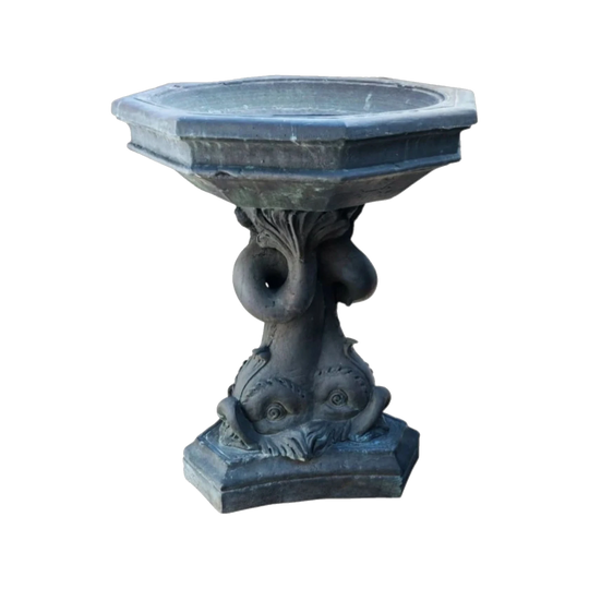 Large Neoclassical Cast Bronze Birdbath with Tri-Dolphin Base, Verdigris Patina