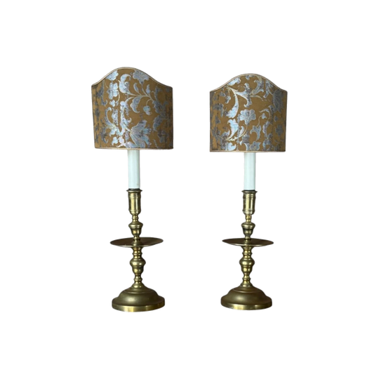 Pair of Antique 19th-Century Brass Candlestick Table Lamps, Electrified, with Italian Shield Shades in Rubelli Jacquard
