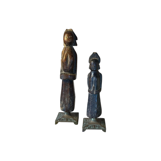 Pair of Antique Indian Carved Timber Dolls on Brass Bases, Figural and Floral Motifs