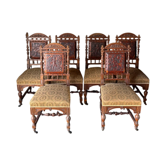Set of Six 19th-Century Renaissance Revival Walnut Dining Chairs with Embossed Leather Backrests