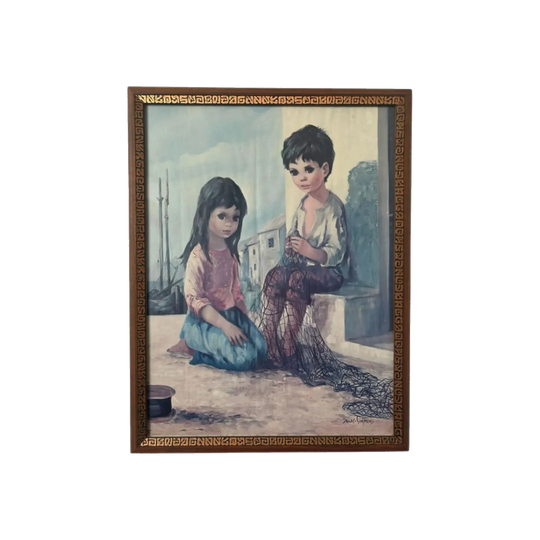 Fisherman’s Children Mid-Century Print by Dallas Simpson, Original 1970s Teak Frame with Copper Detailing