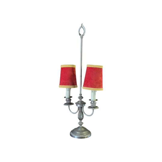 Vintage French Twin‑Shade Bouillotte Lamp with Red Damask Suede Clip‑On Shades