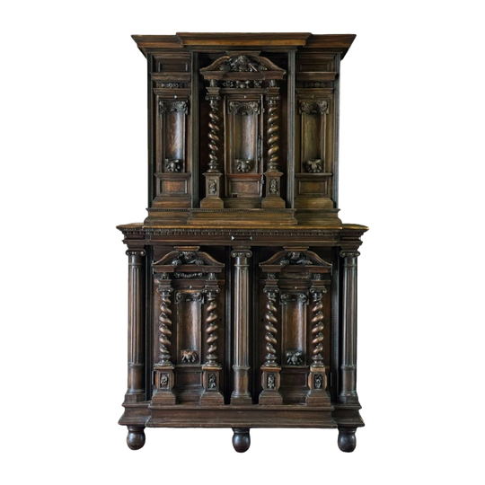 Antique French Renaissance Revival Carved Walnut Buffet, Two-Piece, Circa 1880s