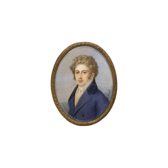 19th Century Miniature Portrait on Ivory of a Gentleman in Blue, Signed "P. Storm"