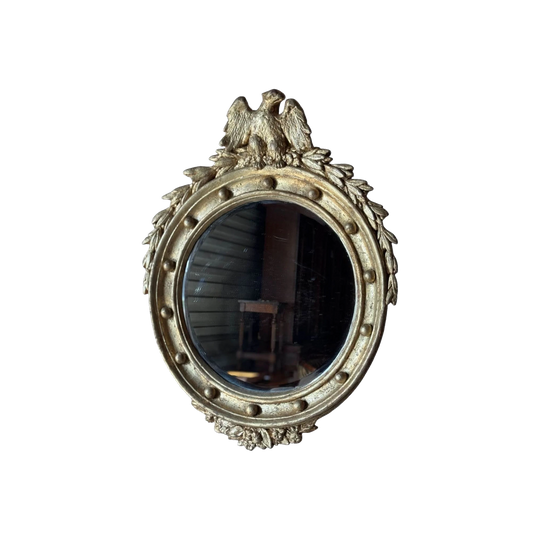 Vintage Regency-Style Gilt Round Mirror with Eagle and Laurel Wreath Crest, Bevelled Glass