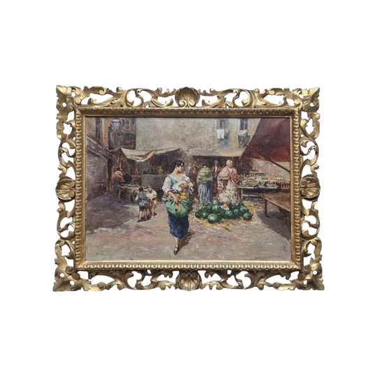 Antique Italian School Oil on Canvas, Southern Italian Street Scene, Signed, Ornate Giltwood Frame