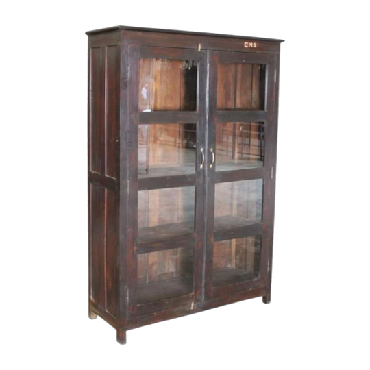 Glass-Fronted Vintage Cabinet with Four Shelves and Indian Script