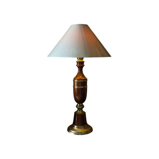 Vintage Timber & Brass Table Lamp, Tapered Urn Form with Cream Gloss Shade