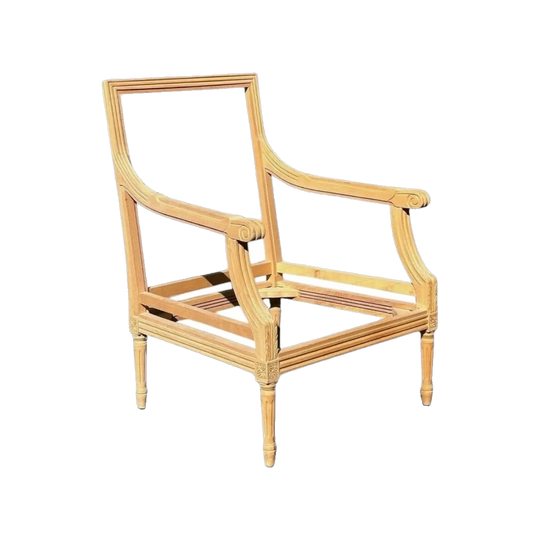 Vintage Louis XVI Style Bergère Armchair Frame, European Beech, Custom Wood Polish & Warwick Fabrics Upholstery