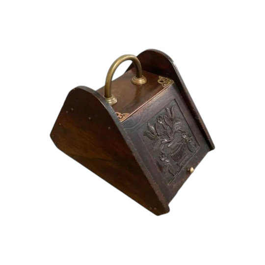 Edwardian Cedar Coal Scuttle with Carved Lift-Up Door and Brass Handles