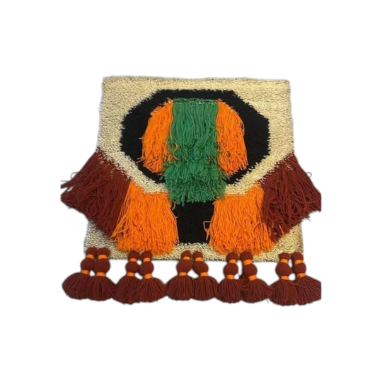 1960s Vintage Danish Woven Wall Hanging in Orange, Green and Burgundy with Fringe and Tassels