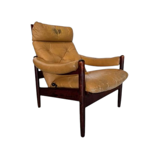 1960s–70s Norwegian Mobler Lounge Chair in Solid Hardwood with Original Caramel Leather