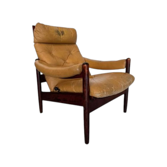 1960s–70s Norwegian Mobler Lounge Chair in Solid Hardwood with Original Caramel Leather