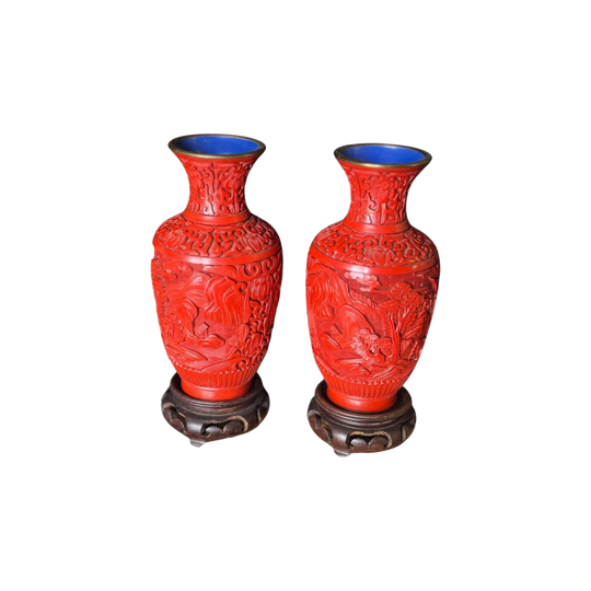 Pair of c. 1920–50s Chinese Red Cinnabar Lacquerware Vases on Fitted Timber Bases