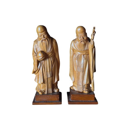Pair of Vintage Carved Timber Immortal Figures Depicting Shou Xing Gong (Taoist God of Longevity)