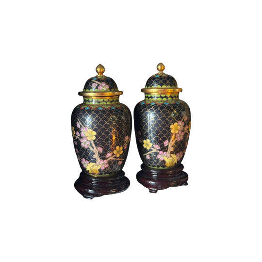 Pair of Vintage Chinese Cloisonné Lidded Vases with Gilt Finials on Fitted Timber Bases