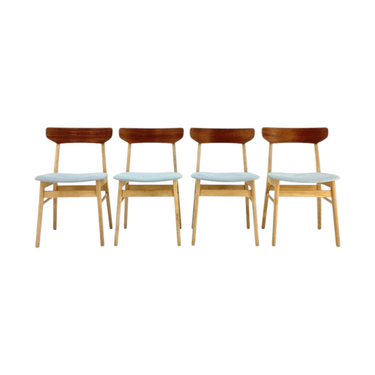 Set of 4 Restored Danish Sax Dining Chairs in Teak and Beech with New Linen Upholstery