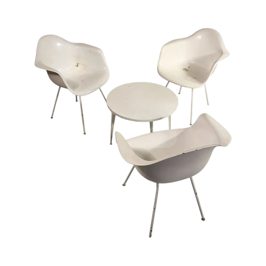Set of 3 Eames DAG Shell Armchairs with Small Fibreglass Table