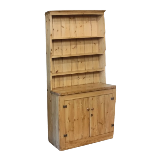 19th Century English Pine One-Piece Cottage Dresser, Circa 1870, Waterfall Shelves, Iron Butterfly Hinges