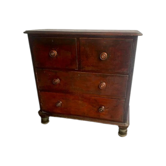 19th-Century Colonial Kauri Four-Drawer Chest, Circa 1860, Original Finish, Turned Bun Feet, Possibly Whites Joinery Morpeth NSW