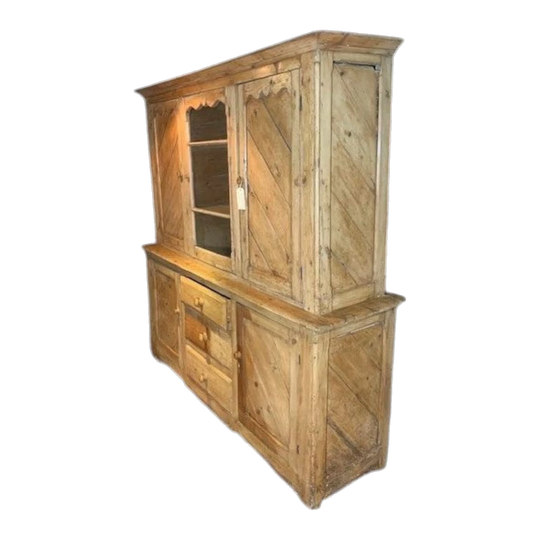 Antique 19th-Century English Pine Cornish Dresser, c.1860 – Two-Piece with Diagonal Panelling, 5 Doors and 3 Drawers