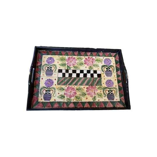 Italian-Style Wooden Serving Tray with Handles and Ceramic Tile Base, Chippy Black Paint, Pink and Purple Floral Chequerboard