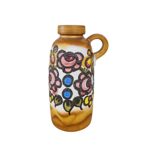 West German Fat Lava Handled Floor Vase, Raised Floral Motif, Ochre & Cream Glaze, c. 1970s