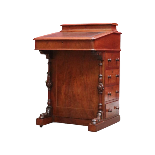 Antique English Walnut Davenport Desk with Gilt-Tooled Leather Top, c. 1870