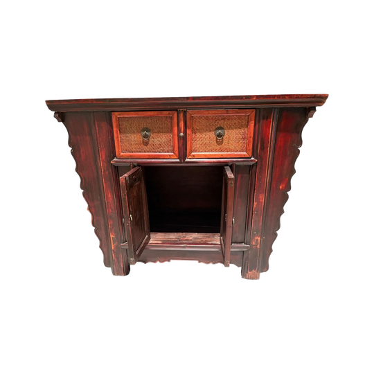 Vintage Chinese Hand-Carved Timber Cabinet with Drawers and Wicker Top