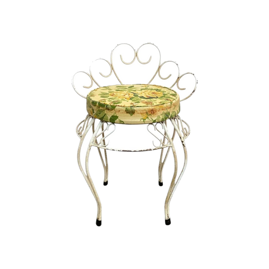 1960s Mid-Century White Wrought Iron Stool with Yellow Rose Pattern Vinyl Seat