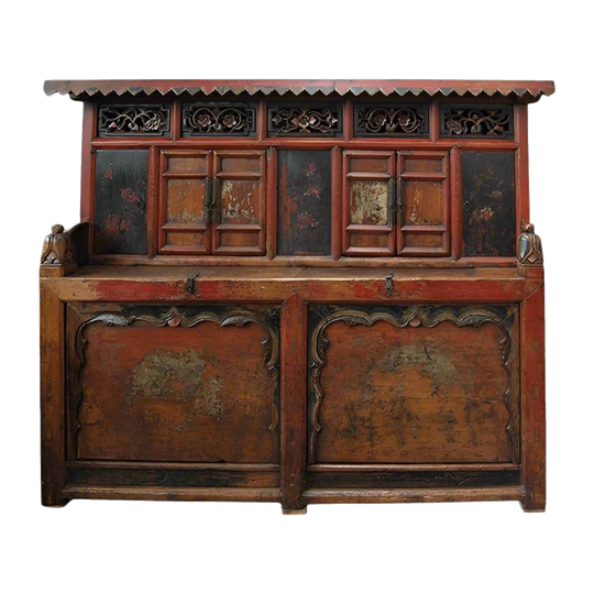 Antique Tibetan Rice Storage Chest, Late 18th–Early 19th Century, Eight Doors, Carved and Painted Floral Motifs
