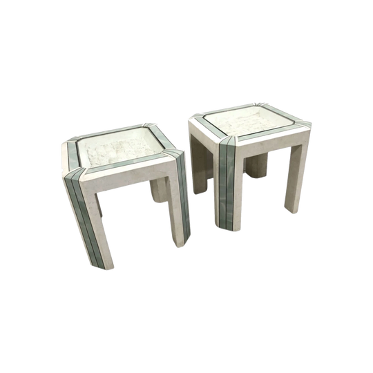 Pair of Maitland Smith Tessellated Fossil Stone and Brass Side Tables