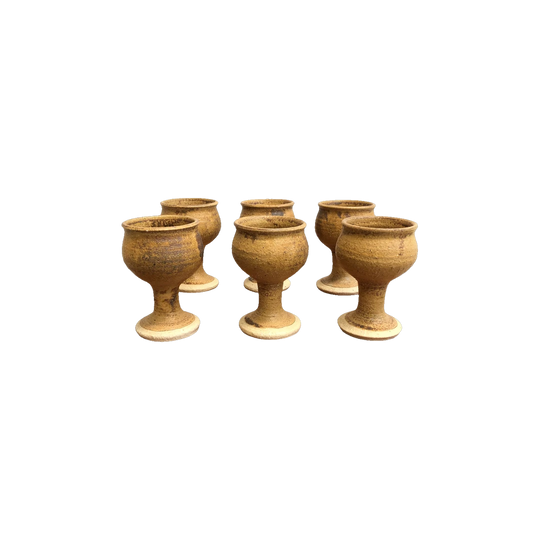 Set of Six Mid-Century Hand-Thrown Stoneware Goblets, Signed