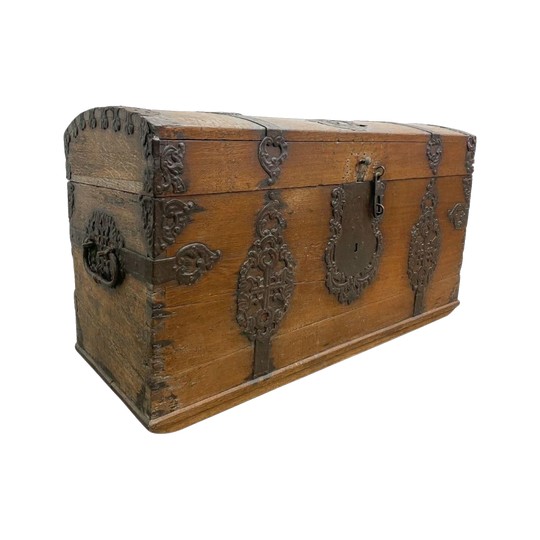 Antique 18th-Century Dutch Domed-Top Oak Chest with Wrought-Iron Strapwork