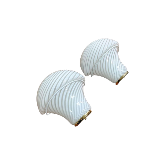 Pair of Postmodern Italian Murano Glass Mushroom Wall Sconces, Milky White with Clear Stripes and Gold‑Coloured Bases