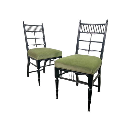 Pair of Antique Edwardian Side/Dining Chairs, c. 1900 – Dark Wood with Pale Green Velvet