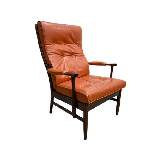 Mid-century Danish Tan Leather High-Back Lounge Armchair