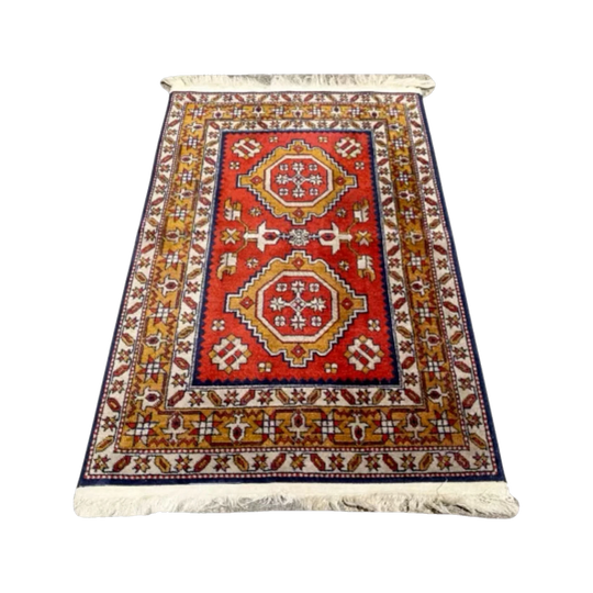 Vintage Handmade Wool Rug – Olive, Burnt Orange and Blue, 127 x 80 cm