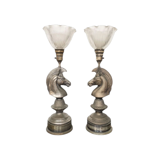 Pair of Antique Silver-Plated Horse Head Table Lamps