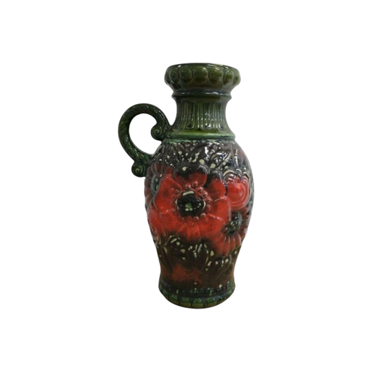 Large Mid-Century Scheurich West German Art Pottery Handled Vase/Jug, 487-45 – Red Floral on Green