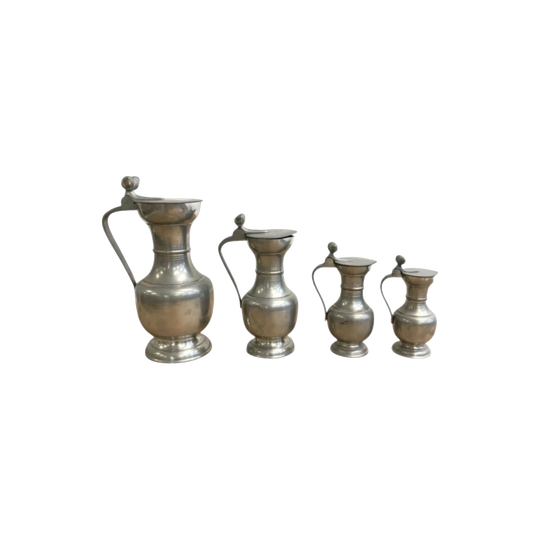 Set of 4 Antique French Pewter Lidded Jugs with Acorn Handles