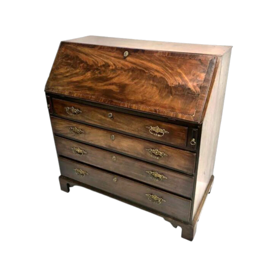 Antique Victorian Oak Drop-Front Writing Bureau Desk with Four Drawers