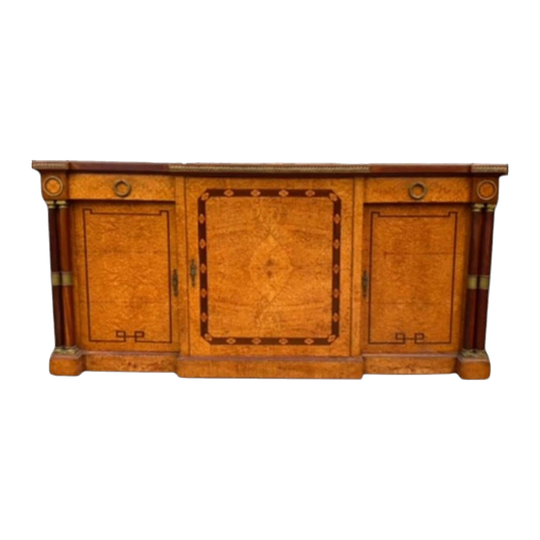 Antique French Burl Walnut Sideboard with Green Marble Top, Ebonised Inlay and Gilded Corinthian Capitals, c.1900