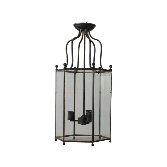 Blackened Fontainebleu Hexagonal Patinated Brass Lantern with Three Candle Lights