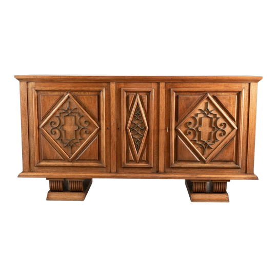 1940s French Mahogany Sideboard with Neo-Baroque Strapwork, Three Panelled Doors
