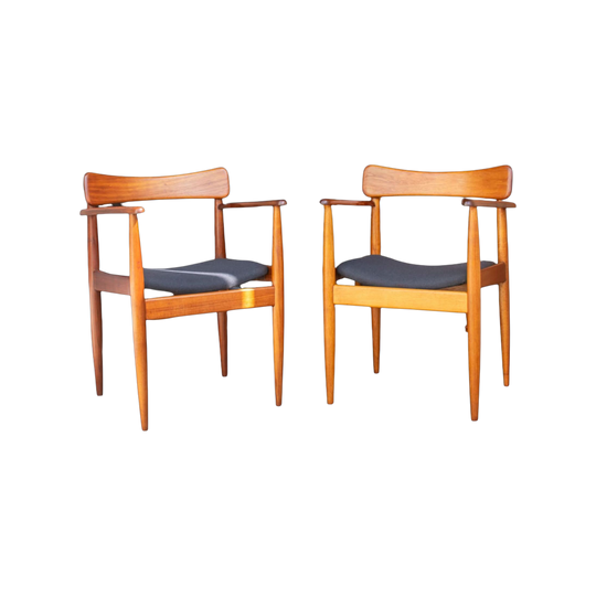 Pair of Mid-Century Parker Nordic Teak Carver Armchairs, Charcoal Wool, c. 1960s